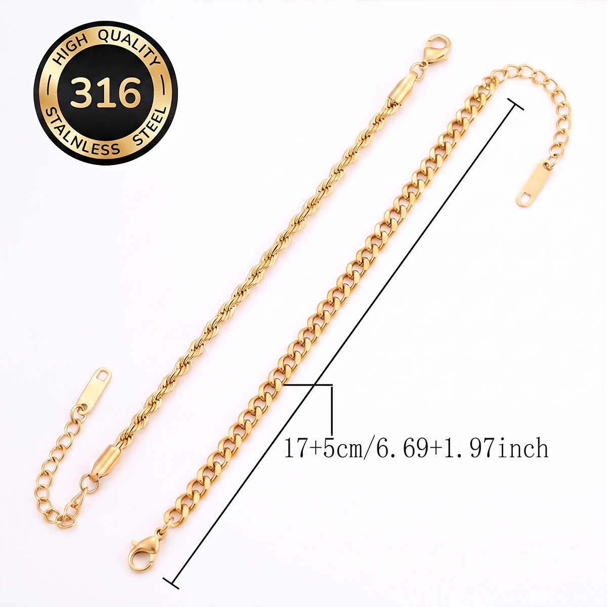 3pc Elegant Waterproof Stainless Steel Cuban Chain Bracelet Set